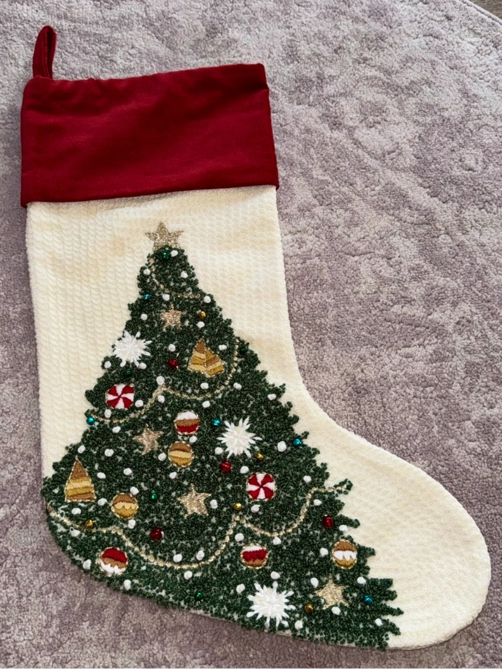 Pottery Barn Beautiful 20” Cream Green Red Christmas Tree Stocking